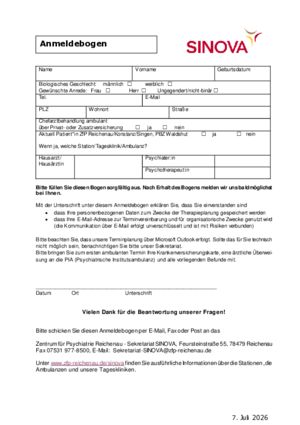 Anmeldebogen SINOVA Klinik