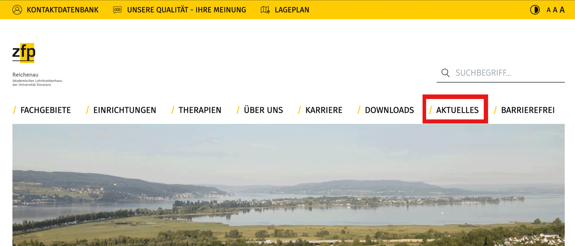 Screenshot der ZfP Reichenau Homepage, in dem der Bereich Aktuelles mit einem roten Kasten hervorgehoben ist.