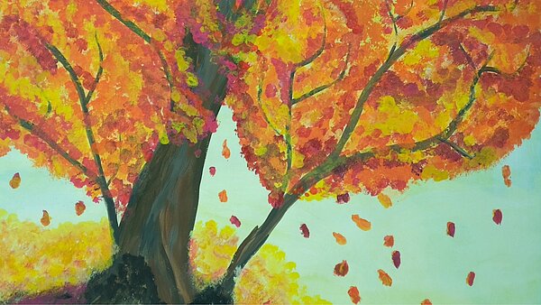 Das Bild zeigt den Ausschnitt eines Baums, dessen Blätter in Rot-, Orange- und Gelbtönen gemalt sind.