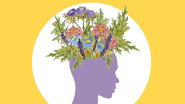 Die Grafik besteht aus einem stilisierten lila Kopf, aus dem bunte Blumen wachsen.