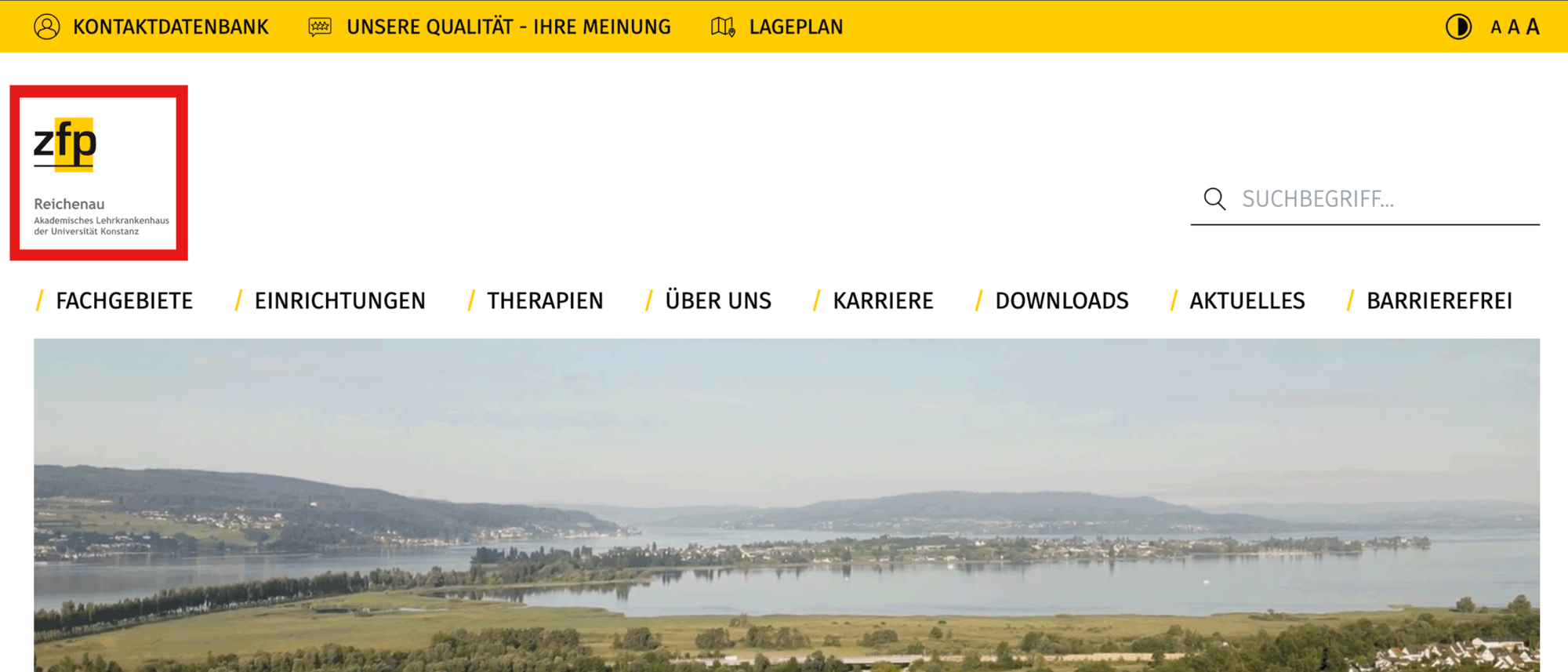 Screenshot von der Startseite des ZfP Reichenau, auf dem das Unternehmenslogo am linken Bildrand mit einem roten Kasten hervorgehoben ist.