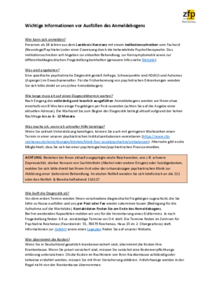 Anmeldebogen Diagnostiksprechstunde ADHS und ASS