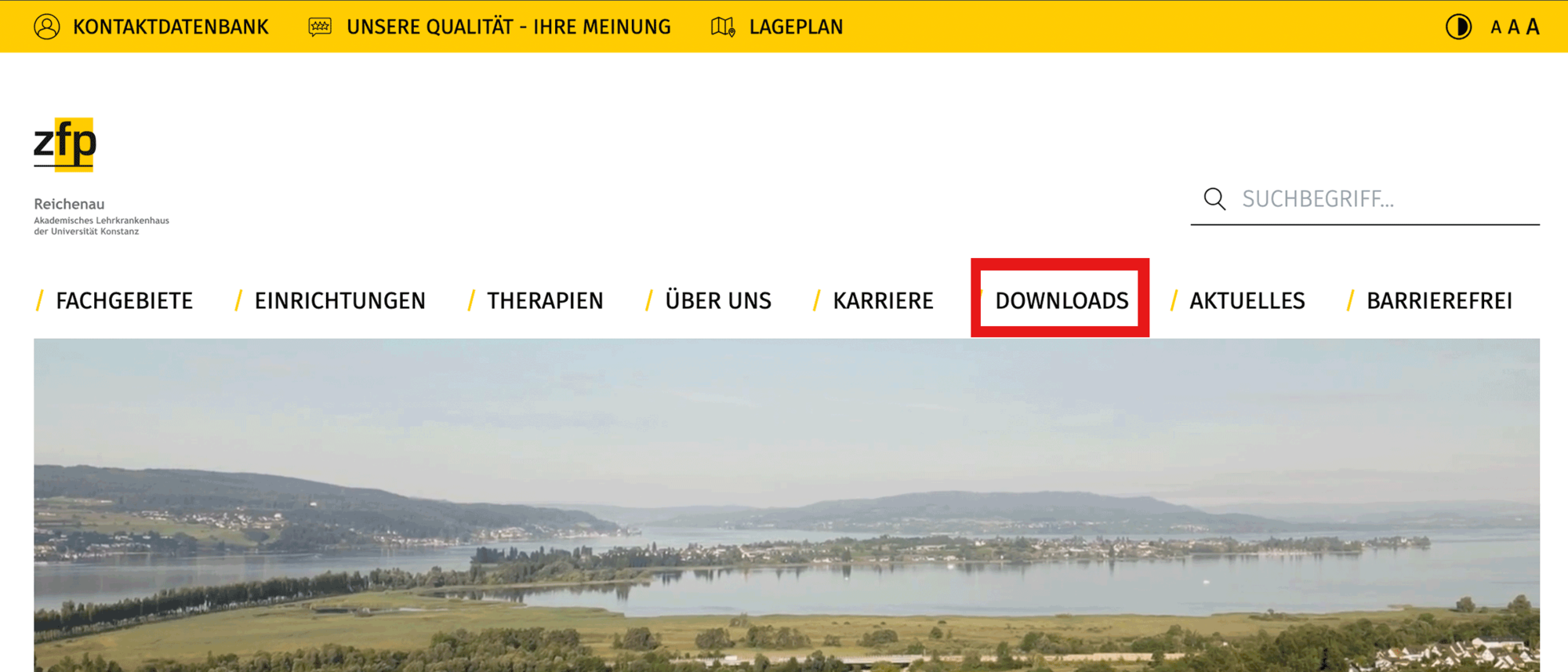 Screenshot der ZfP Reichenau Homepage, in dem der Download-Bereich mit einem roten Kasten hervorgehoben ist.