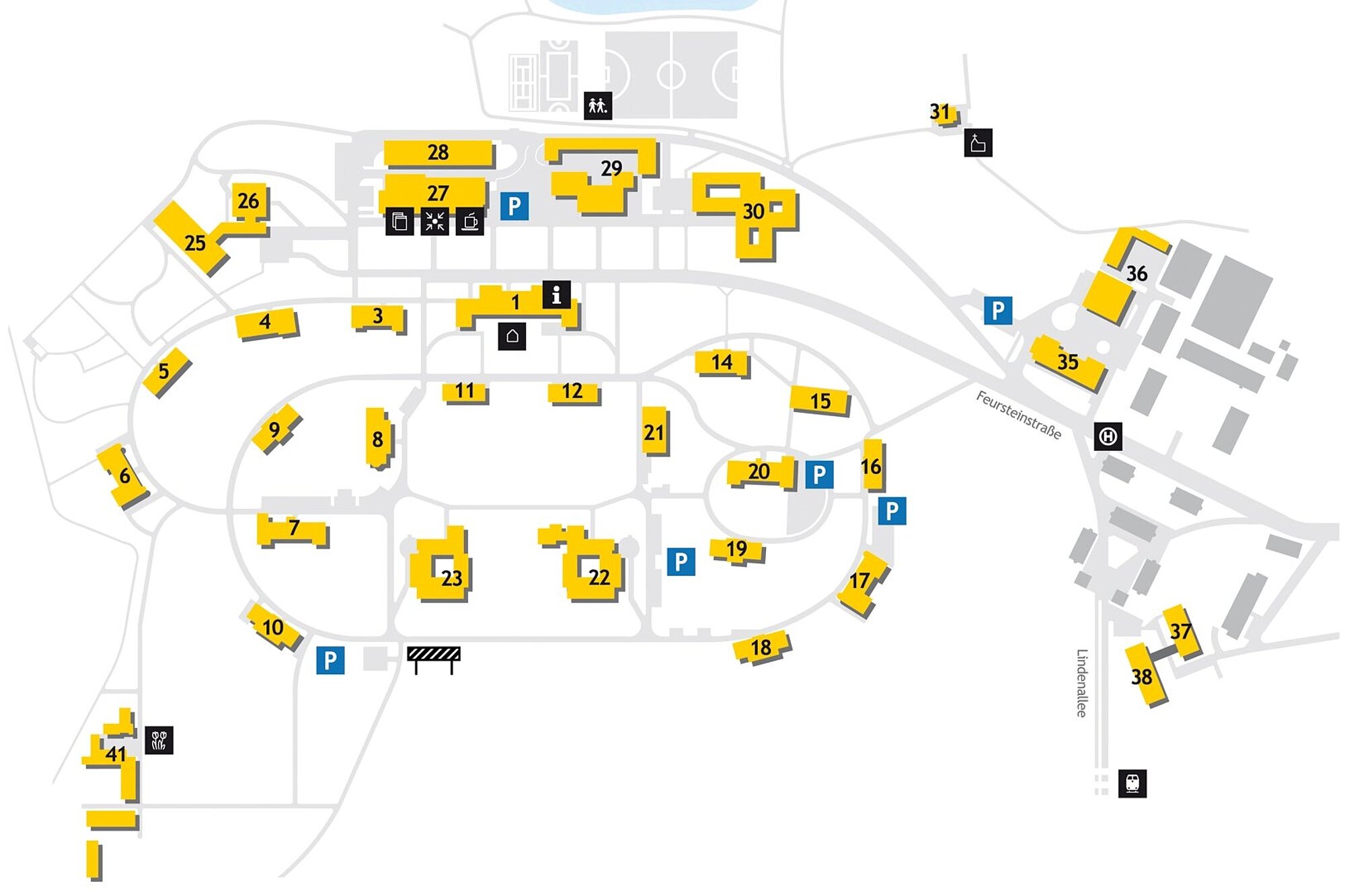 Skizzierte Lageplan vom Gelände des ZfP Reichenau mit den verschiedenen Häusern und Parkmöglichkeiten.