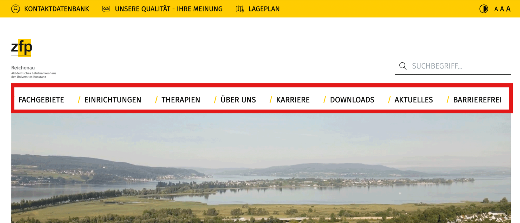 Screenshot von der Startseite des ZfP Reichenau, auf dem das Hauptmenü mit seinen verschiedenen Punkten mit einem roten Kasten hervorgehoben ist.