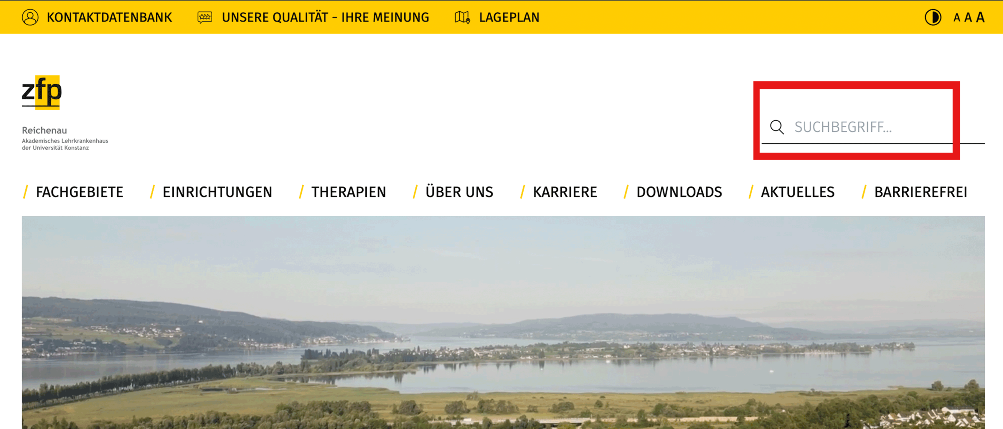 Screenshot von der Startseite des ZfP Reichenau, auf dem die Suchfunktion mit einem roten Kasten hervorgehoben ist.