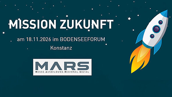 Auf einem dunklen Hintergrund mit Sternen und einer abhebenden Rakete steht Mission Zukunft.
