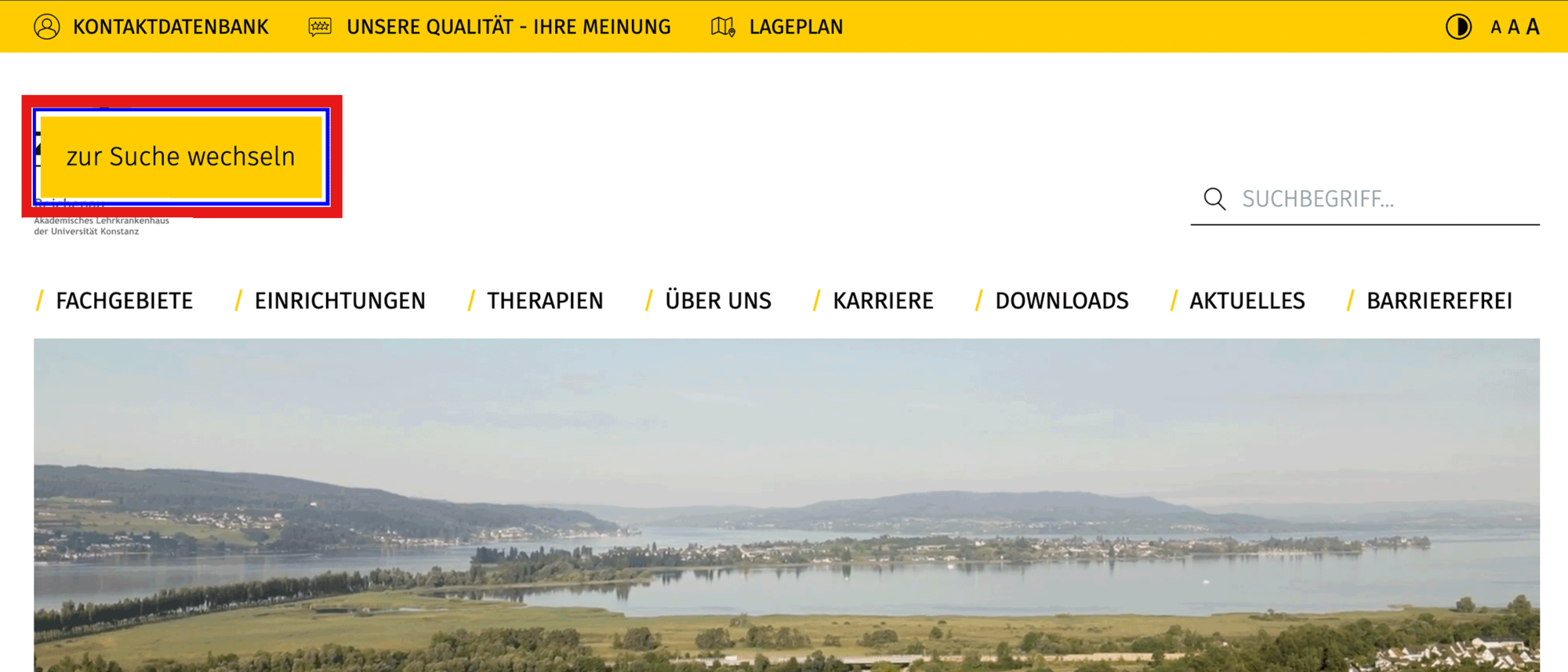 Screenshot von der Startseite des ZfP Reichenau, auf dem die Tab-Navigation "Zur Suche wechseln" links oben im Bild mit einem roten Kasten hervorgehoben ist.