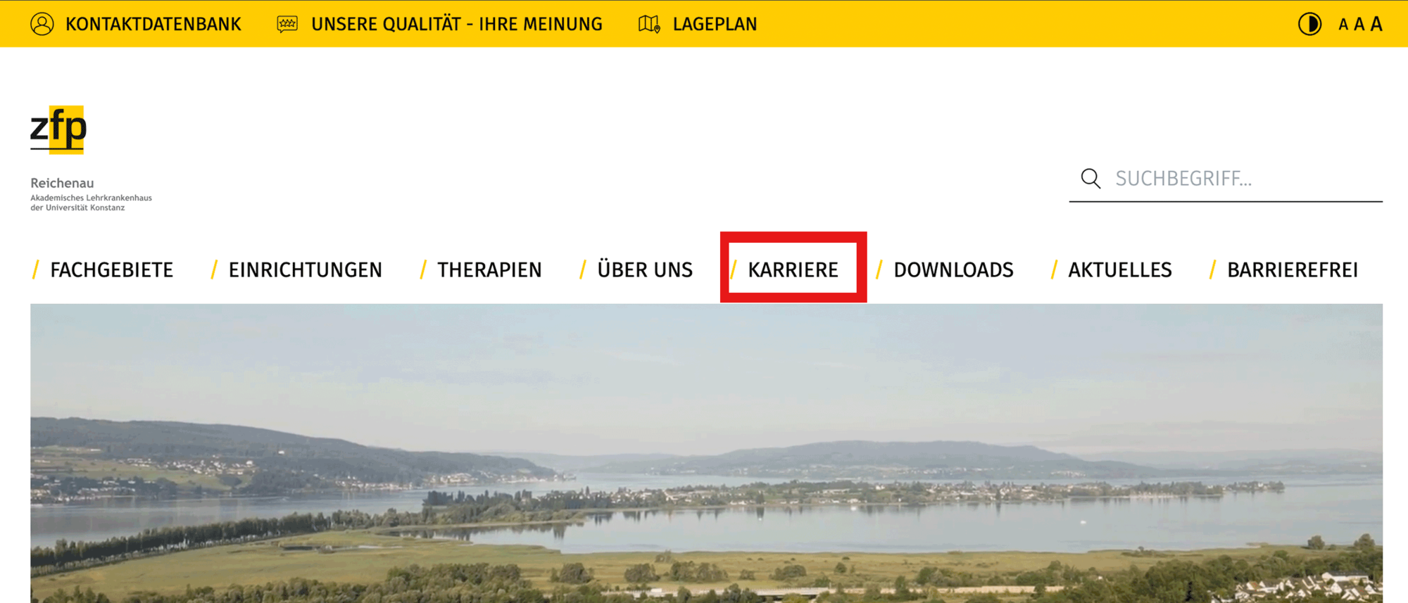 Screenshot von der Startseite des ZfP Reichenau, auf dem der Bereich Karriere in der Navigation mit einem roten Kasten hervorgehoben ist.