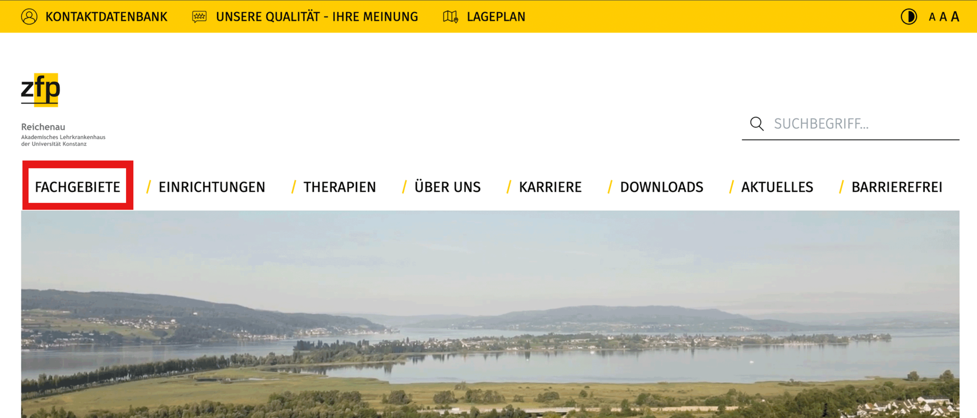 Screenshot von der Startseite des ZfP Reichenau, auf dem der Bereich Fachgebiete in der Navigation mit einem roten Kasten hervorgehoben ist.