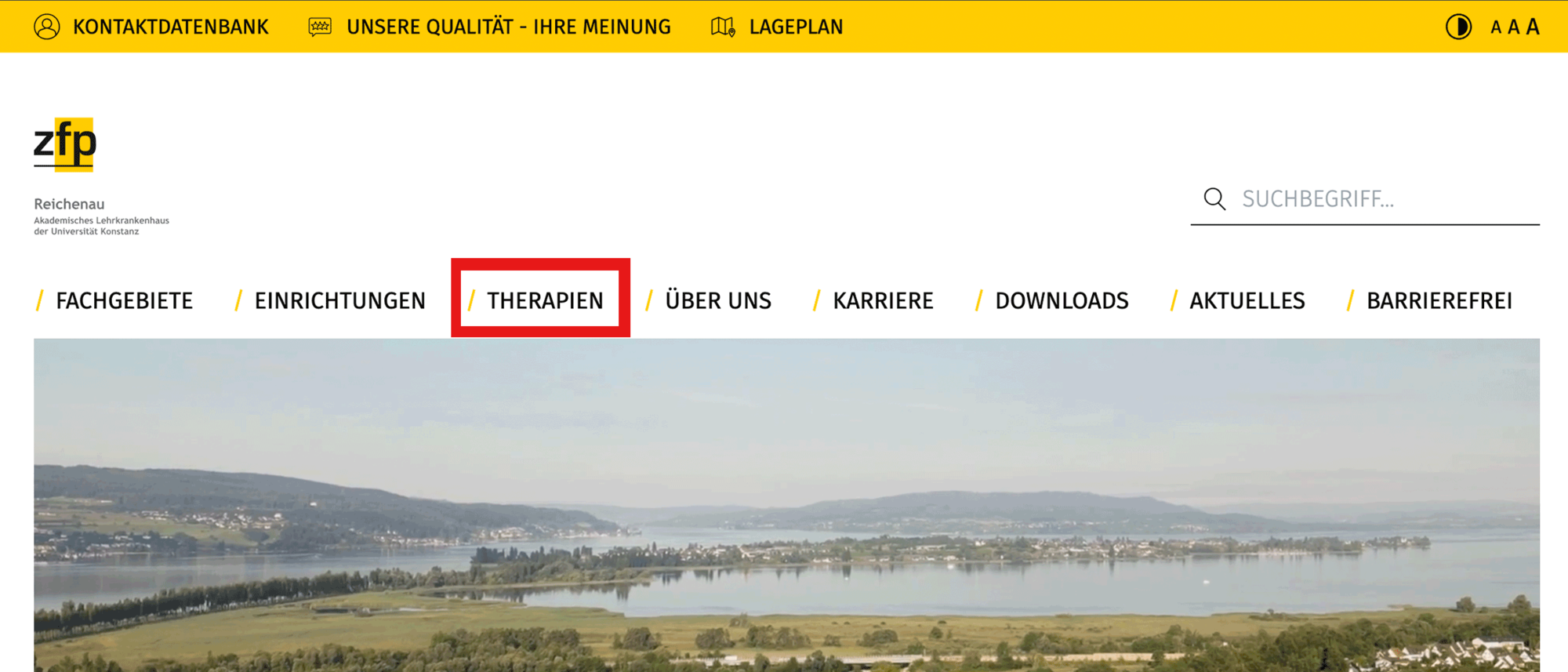 Screenshot von der Startseite des ZfP Reichenau, auf dem der Bereich Therapien in der Navigation mit einem roten Kasten hervorgehoben ist.