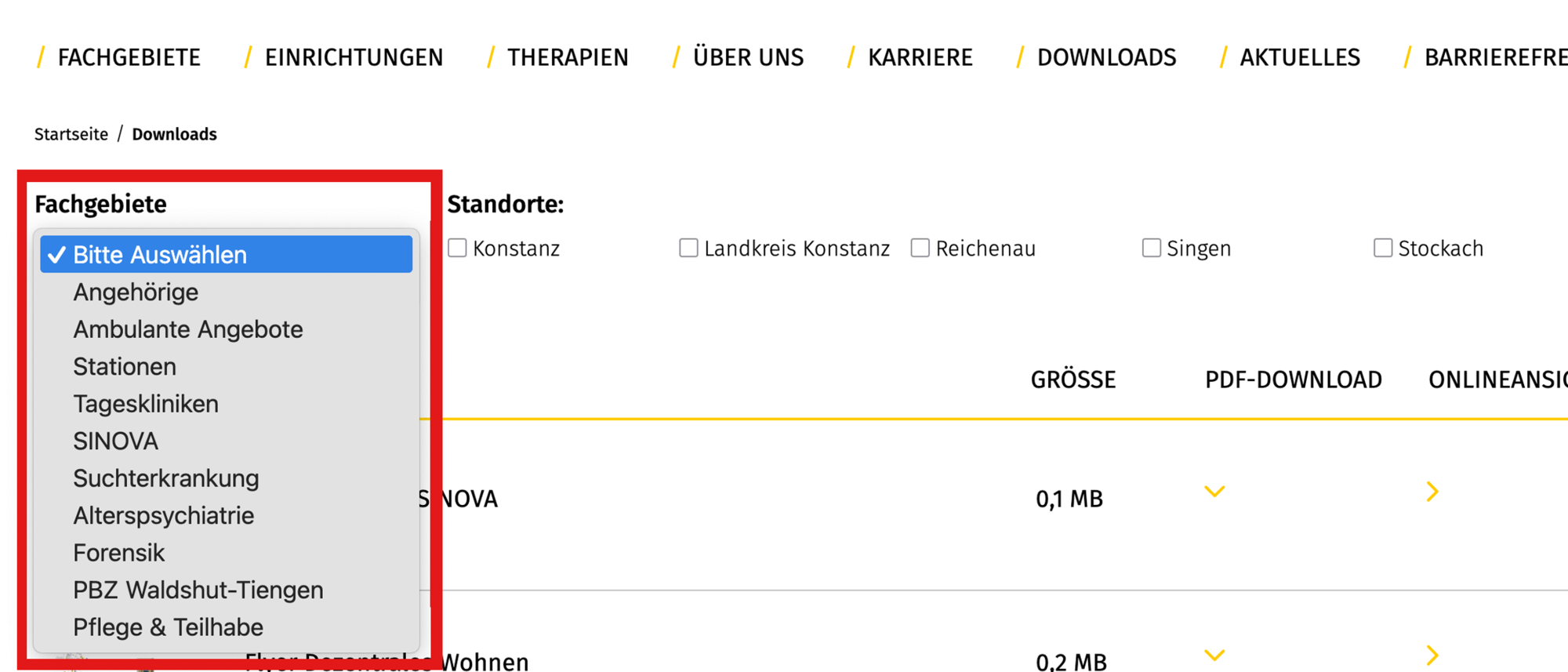 Screenshot des Download-Bereichs vom ZfP Reichenau, auf dem die Filteroptionen am linken Bildrand rot hervorgehoben sind.
