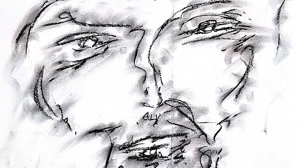 Das schwarz-weiße Bild zeigt den Ausschnitt einer Zeichnung eines Gesichts: von den Augen bis zum Mund.