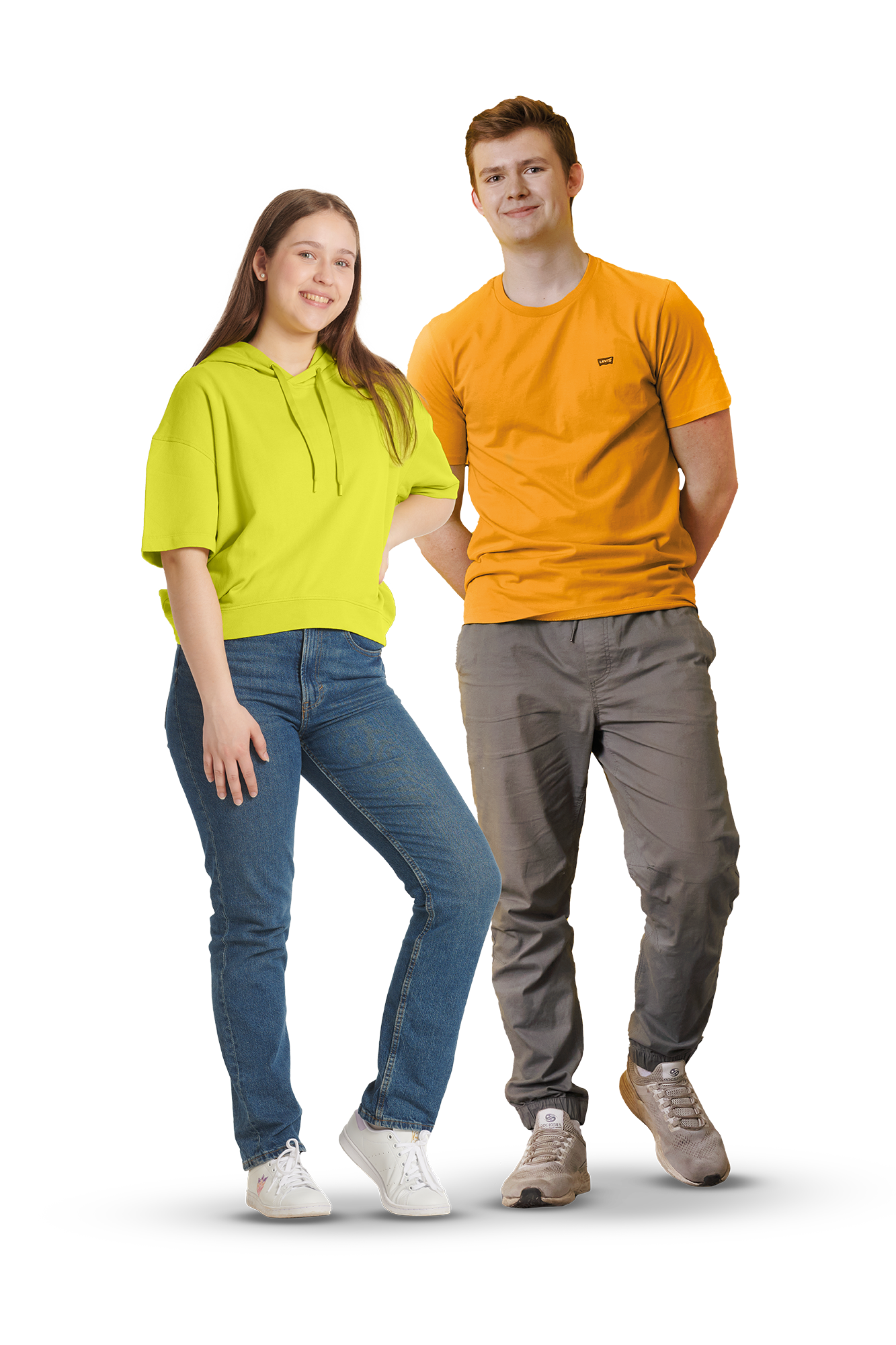 Ein Mädchen und ein junge in leuchtenden Oberteilen stehen nebeneinander.